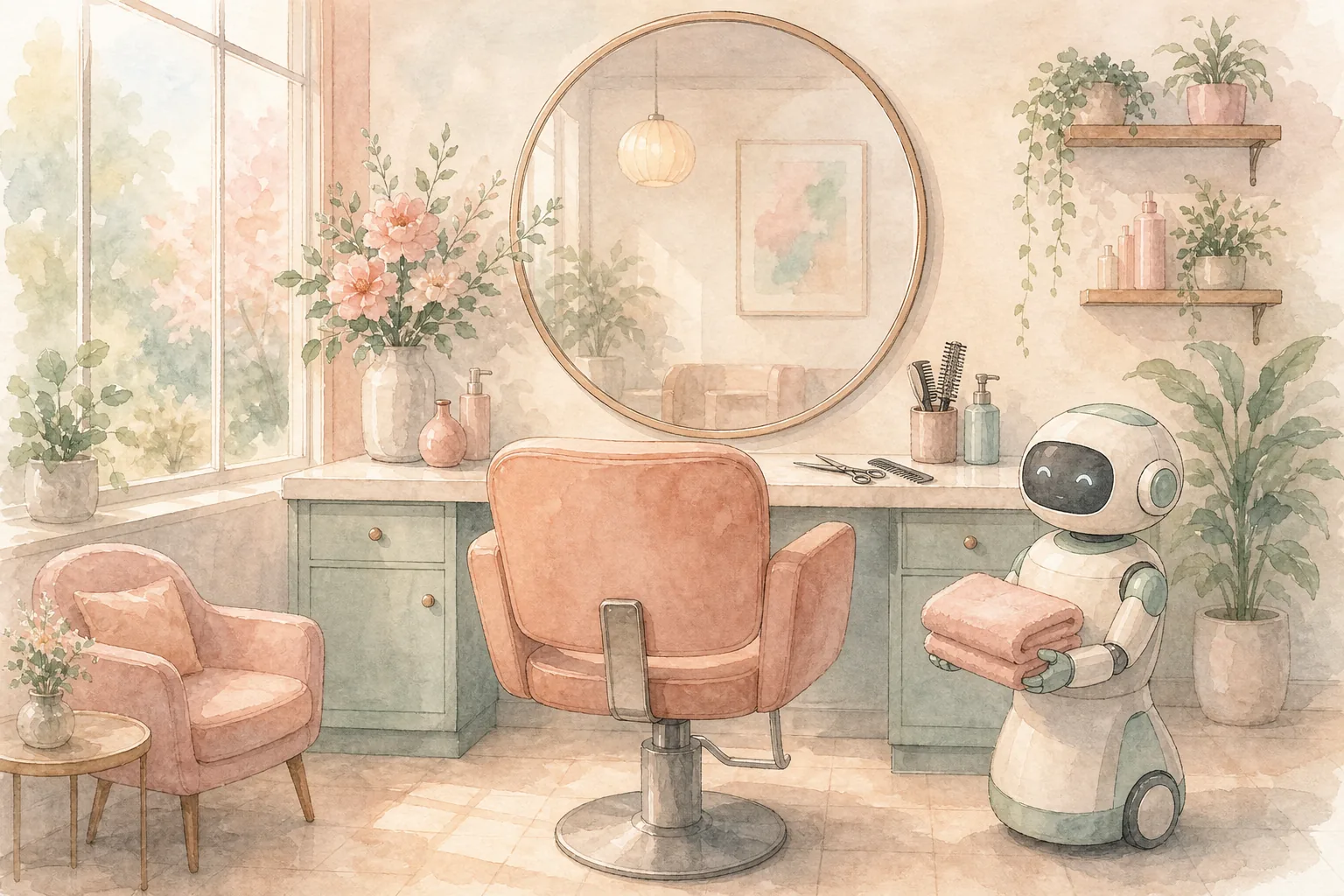 美容院の椅子のそばに小さなロボットがいる水彩イラスト