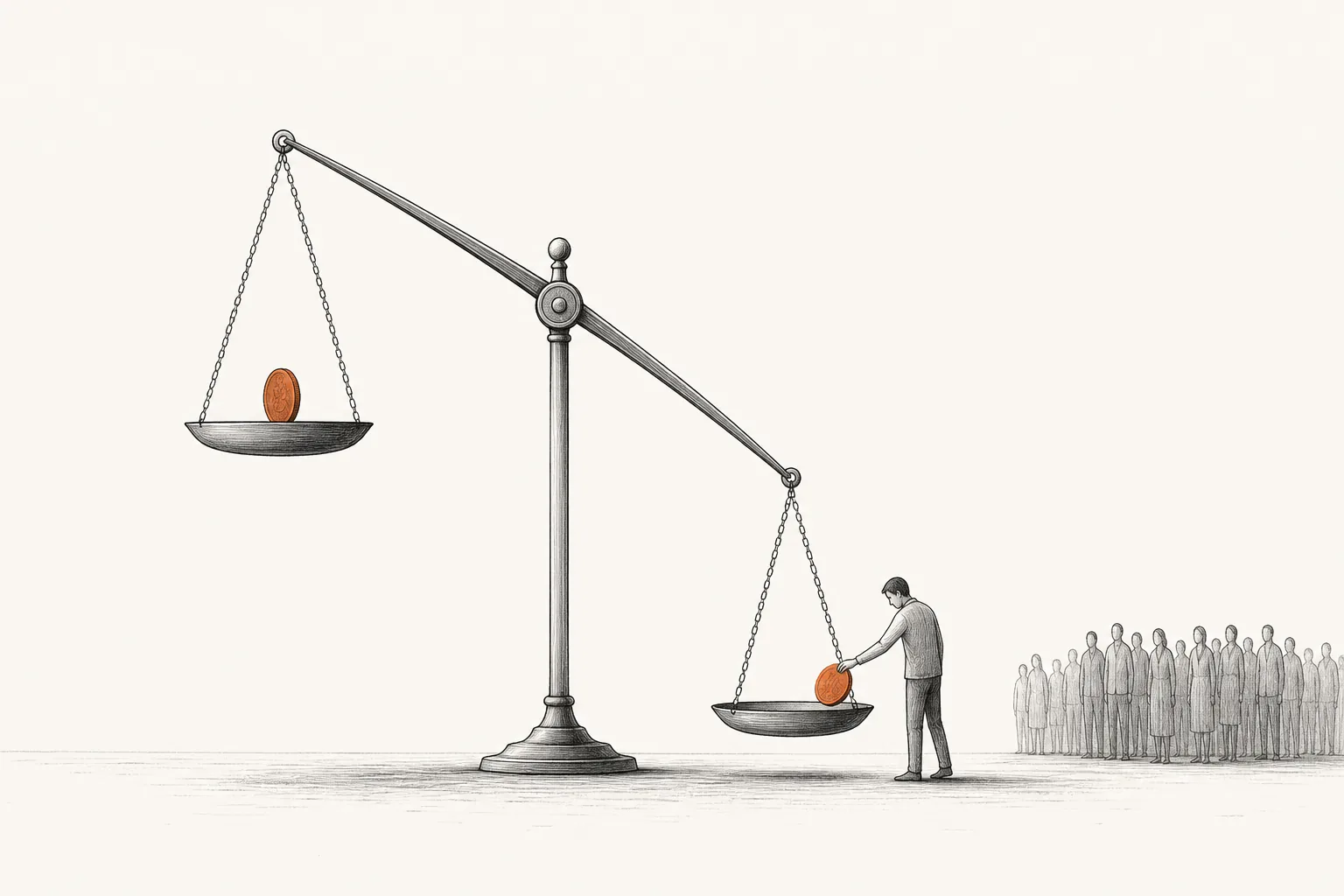 大きく傾いた天秤の低い皿に一人だけコインを置きにいく人物、遠くで群衆が眺めているミニマルイラスト