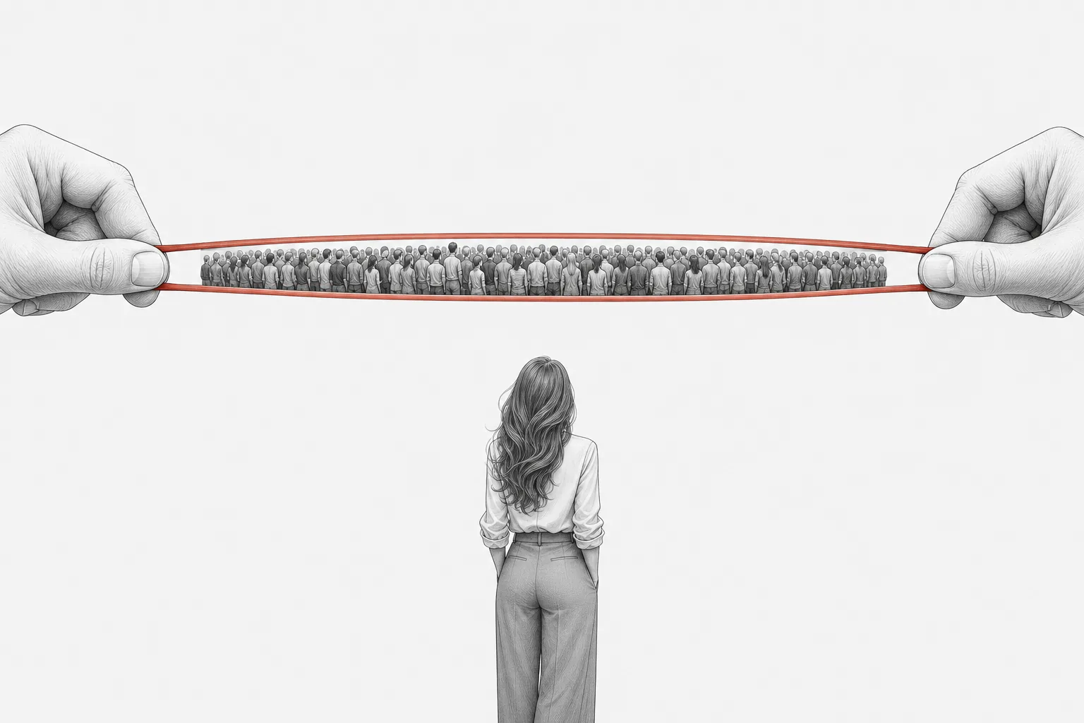引っ張られた輪ゴムの内側に群衆、外側に一人立つ女性の後ろ姿のミニマルイラスト
